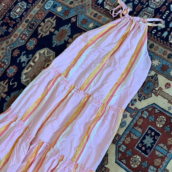 Club Monaco Silk Amirra midi dress striped pink orange tent high neck tie 4 - Picture 3 of 10